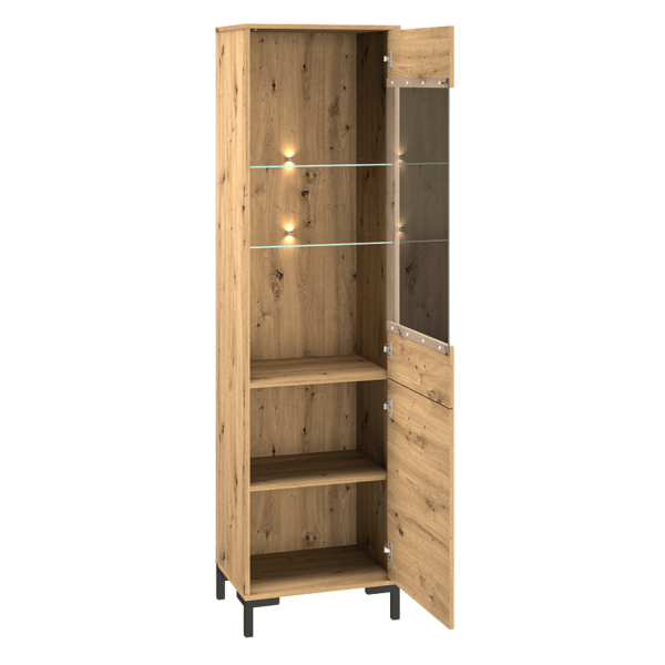 Rustykalna Witryna do Salonu Jadalni Loft Vintage Dąb Artisan Czarne Nogi Szkło NEVIO 18
