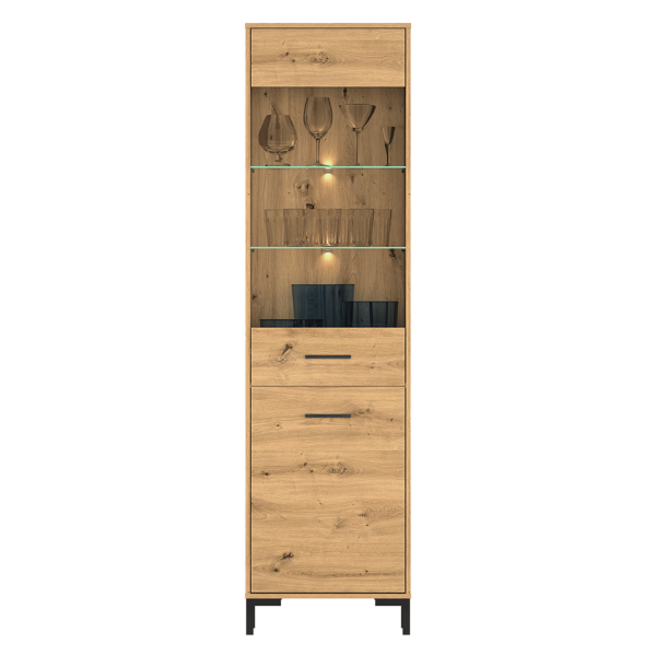 Rustykalna Witryna do Salonu Jadalni Loft Vintage Dąb Artisan Czarne Nogi Szkło NEVIO 18