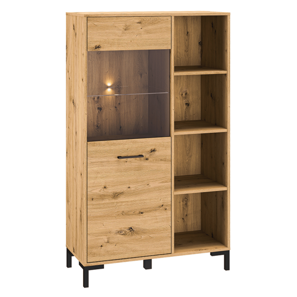 Rustykalna Duża Witryna do Salonu Jadalni Loft Vintage Dąb Artisan Czarne Nogi Szkło NEVIO 19