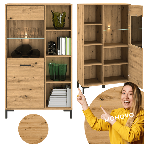 Rustykalna Duża Witryna do Salonu Jadalni Loft Vintage Dąb Artisan Czarne Nogi Szkło NEVIO 19