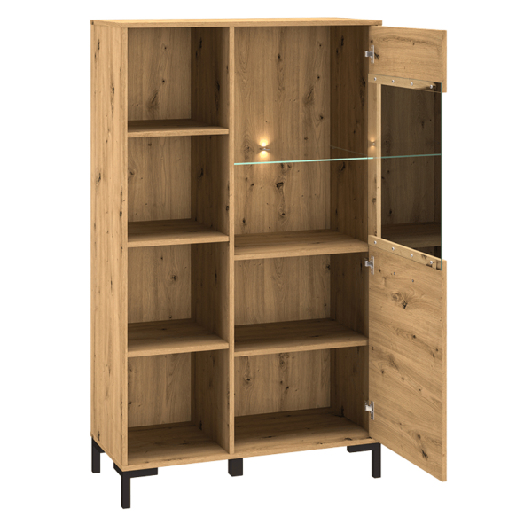 Rustykalna Duża Witryna do Salonu Jadalni Loft Vintage Dąb Artisan Czarne Nogi Szkło NEVIO 19
