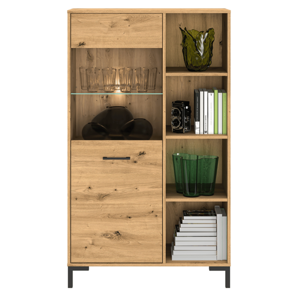 Rustykalna Duża Witryna do Salonu Jadalni Loft Vintage Dąb Artisan Czarne Nogi Szkło NEVIO 19