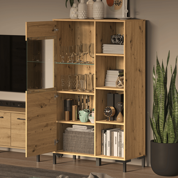 Rustykalna Duża Witryna do Salonu Jadalni Loft Vintage Dąb Artisan Czarne Nogi Szkło NEVIO 19