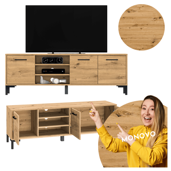 Rustykalna Szafka RTV z Nóżkami do Salonu Sypialni Loft Vintage Dąb Artisan Czarne Nogi NEVIO 20