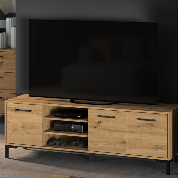 Rustykalna Szafka RTV z Nóżkami do Salonu Sypialni Loft Vintage Dąb Artisan Czarne Nogi NEVIO 20