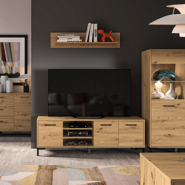Rustykalna Szafka RTV z Nóżkami do Salonu Sypialni Loft Vintage Dąb Artisan Czarne Nogi NEVIO 20