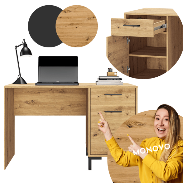 Rustykalne Biurko do Komputera Pokoju Młodzieżowego Gabinetu Loft Vintage Dąb Artisan Czarne Nogi NEVIO 23