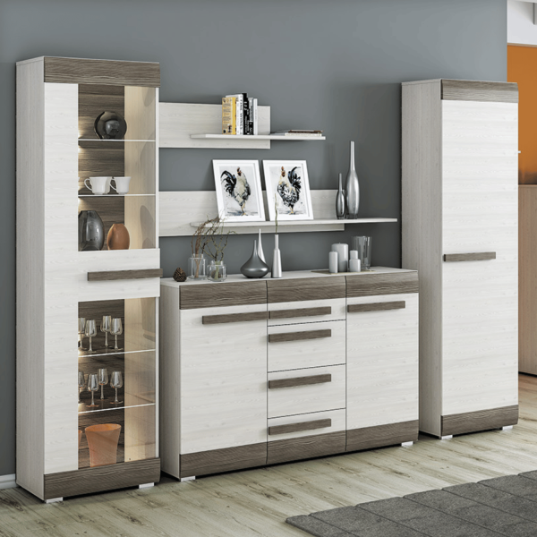 Nowoczesna Witryna do Salonu Jadalni Skandynawski Sosna Śnieżna Biały New Grey Szary BLANCO 0201