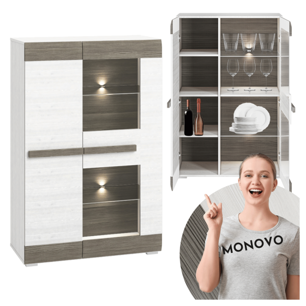 Nowoczesna Witryna Dwudrzwiowa do Salonu Jadalni Skandynawski Sosna Śnieżna Biały New Grey Szary BLANCO 0501
