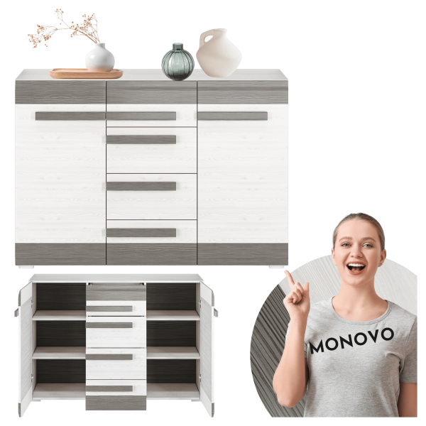 Nowoczesna Komoda do Salonu Sypialni Skandynawski Sosna Śnieżna Biały New Grey Szary BLANCO 0701