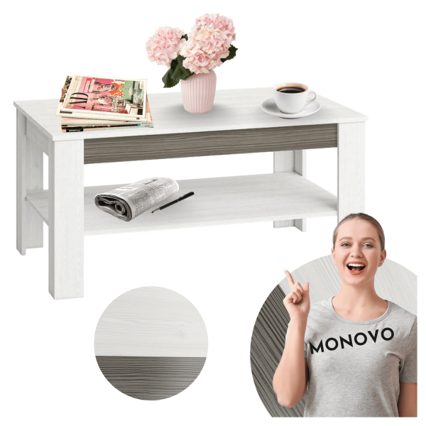 Nowoczesna Ława Stolik Kawowy do Salonu Skandynawski Sosna Śnieżna Biały New Grey Szary BLANCO 1201
