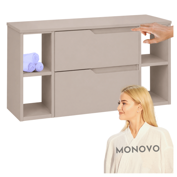Szafka Wisząca Łazienkowa Nowoczesna Elegancka pod Umywalkę 100 cm z Blatem i Regałami Beżowa Kaszmirowa MODERN
