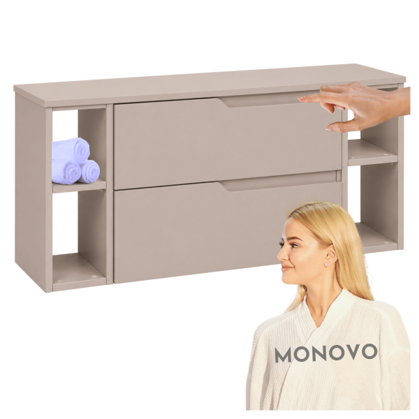 Beżowa Szafka do Łazienki 120 cm Wisząca pod Umywalkę z Blatem i Regałami Kaszmirowa Nowoczesna MODERN