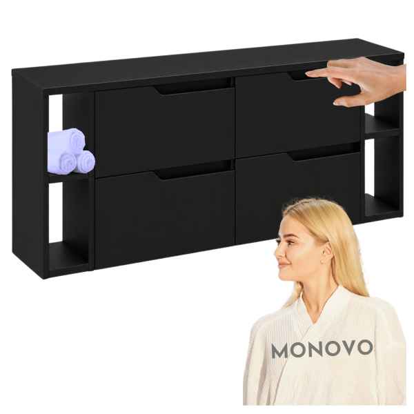Nowoczesna Szafka do Łazienki pod Umywalkę Łazienkowa 160 cm Wisząca Elegancka Zestaw z Blatem i Regałami Czarny  MODERN