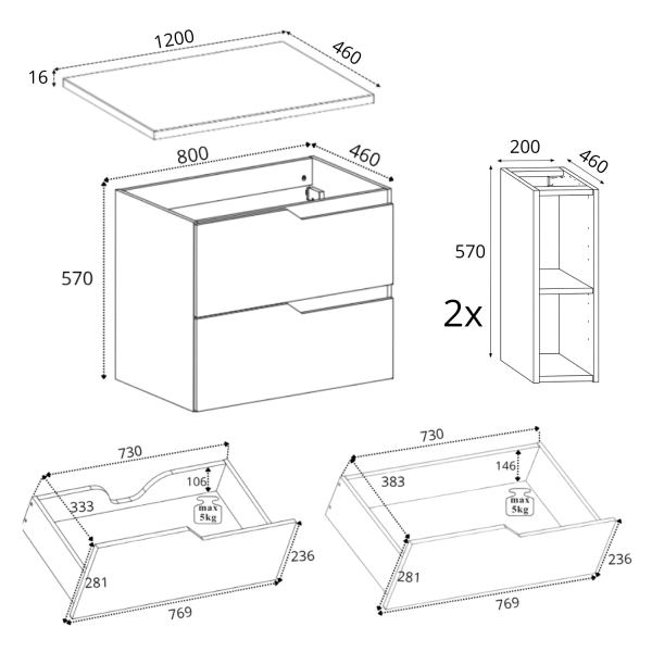 Beżowa Szafka do Łazienki 120 cm Wisząca pod Umywalkę z Blatem i Regałami Kaszmirowa Nowoczesna MODERN