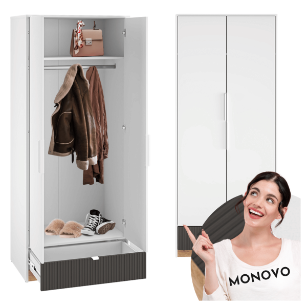 Nowoczesna Dwudrzwiowa Szafa Ryflowana do Salonu Sypialni Loft Modern Biały Grafit Szary Dąb Castello TORINO 02