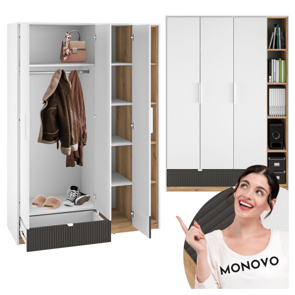 Nowoczesna Duża Szafa Ryflowana do Salonu Sypialni Loft Modern Biały Grafit Szary Dąb Castello TORINO 01