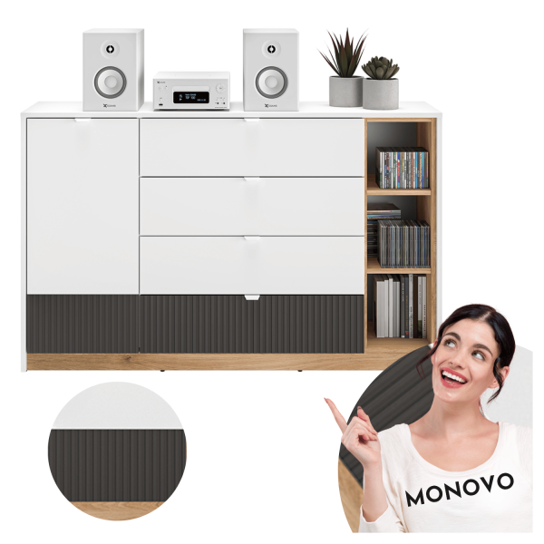 Nowoczesna Duża Komoda Ryflowana do Salonu Sypialni Loft Modern Biały Grafit Szary Dąb Castello TORINO 06