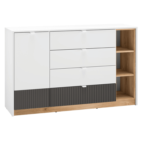 Nowoczesna Duża Komoda Ryflowana do Salonu Sypialni Loft Modern Biały Grafit Szary Dąb Castello TORINO 06