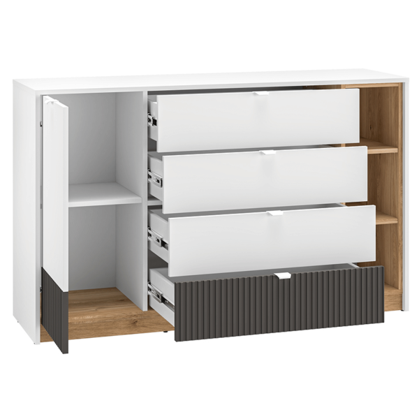 Nowoczesna Duża Komoda Ryflowana do Salonu Sypialni Loft Modern Biały Grafit Szary Dąb Castello TORINO 06
