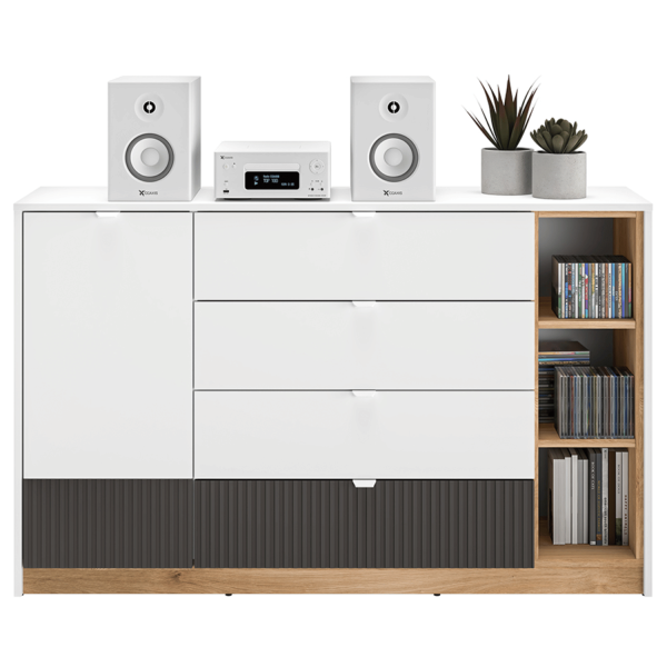 Nowoczesna Duża Komoda Ryflowana do Salonu Sypialni Loft Modern Biały Grafit Szary Dąb Castello TORINO 06
