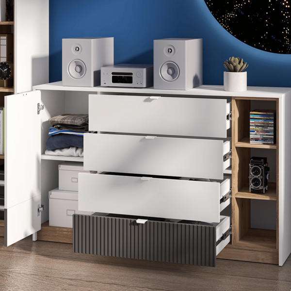 Nowoczesna Duża Komoda Ryflowana do Salonu Sypialni Loft Modern Biały Grafit Szary Dąb Castello TORINO 06