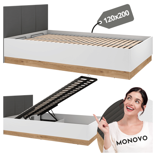 Nowoczesne Łóżko 120x200 z Schowkiem do Sypialni Loft Modern Biały Grafit Szary Dąb Castello TORINO 1201