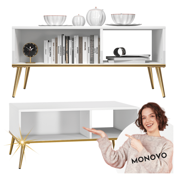 Nowoczesny Stolik kawowy Ława z Otwartymi Półkami do Salonu Glamour Biały Złote Nogi GOLDIN 08