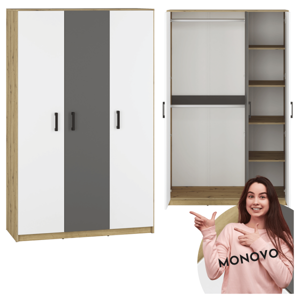 Nowoczesna Szafa Trzydrzwiowa do Sypialni Pokoju Młodzieżowego Loft Biały Antracyt Dąb Artisan FINI 02