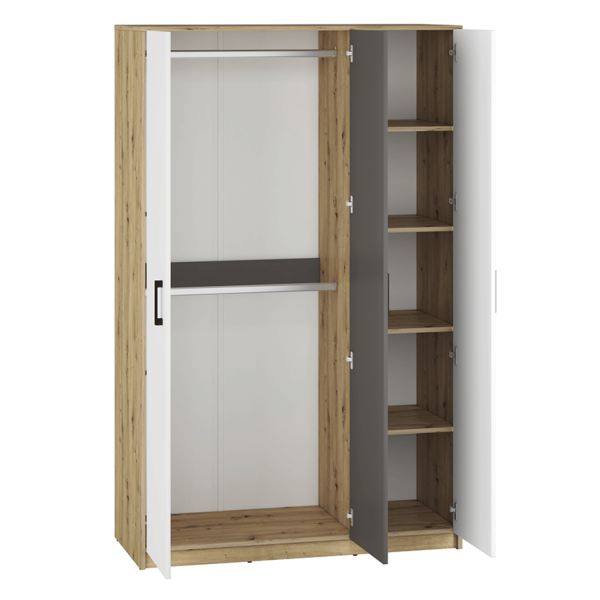 Nowoczesna Szafa Trzydrzwiowa do Sypialni Pokoju Młodzieżowego Loft Biały Antracyt Dąb Artisan FINI 02