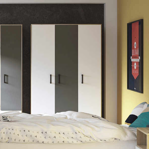 Nowoczesna Szafa Trzydrzwiowa do Sypialni Pokoju Młodzieżowego Loft Biały Antracyt Dąb Artisan FINI 02