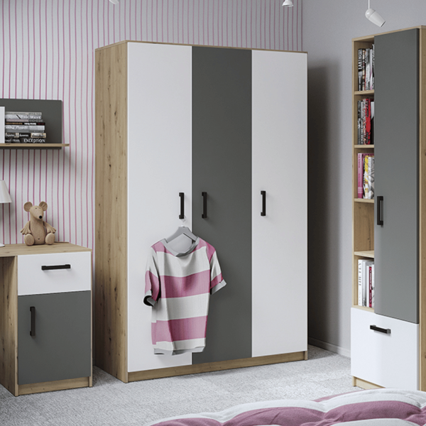 Nowoczesna Szafa Trzydrzwiowa do Sypialni Pokoju Młodzieżowego Loft Biały Antracyt Dąb Artisan FINI 02
