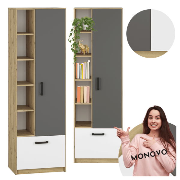 Nowoczesny Regał do Sypialni Pokoju Młodzieżowego Loft Biały Antracyt Dąb Artisan FINI 05