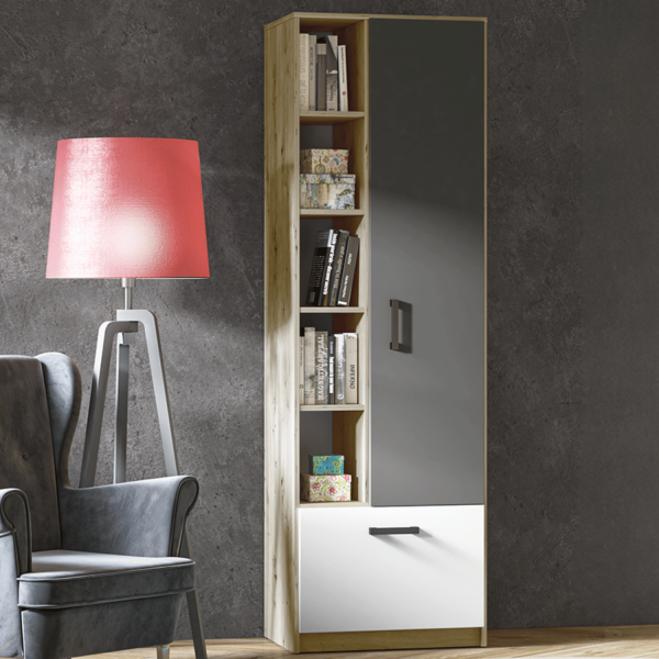 Nowoczesny Regał do Sypialni Pokoju Młodzieżowego Loft Biały Antracyt Dąb Artisan FINI 05