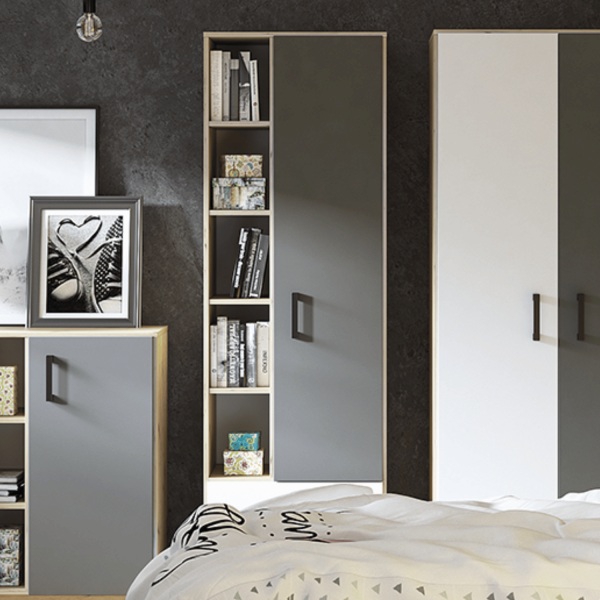 Nowoczesny Regał do Sypialni Pokoju Młodzieżowego Loft Biały Antracyt Dąb Artisan FINI 05