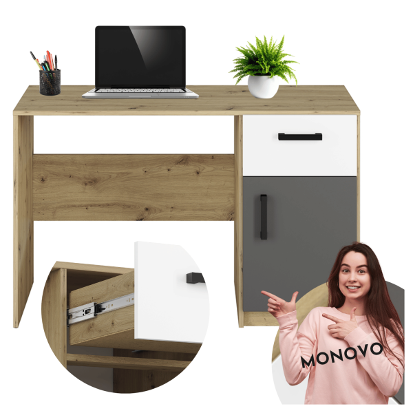 Nowoczesne Biurko do Sypialni Pokoju Młodzieżowego Loft Biały Antracyt Dąb Artisan FINI 08