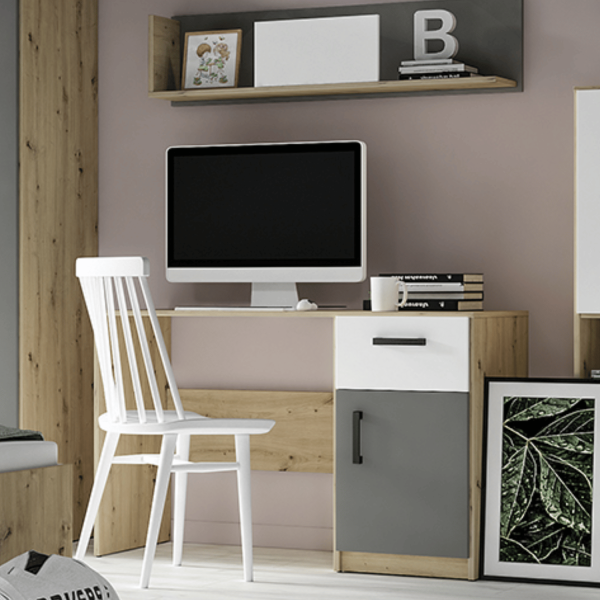 Nowoczesne Biurko do Sypialni Pokoju Młodzieżowego Loft Biały Antracyt Dąb Artisan FINI 08