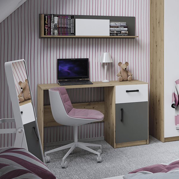 Nowoczesne Biurko do Sypialni Pokoju Młodzieżowego Loft Biały Antracyt Dąb Artisan FINI 08