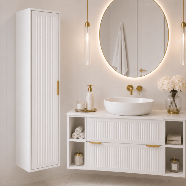 Nowoczesny Wiszący Elegancki Słupek Łazienkowy 136 cm Biały Ryflowany do Łazienki STYLE