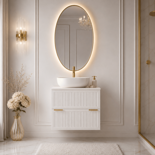 Wisząca Nowoczesna Ryflowana Szafka Łazienkowa Zestaw pod Umywalkę z Blatem 160 cm Elegancki Biały STYLE