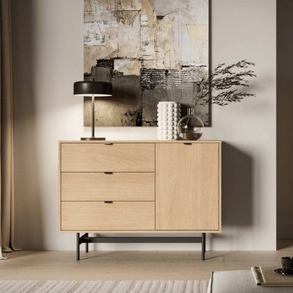 Nowoczesna Komoda do Salonu Sypialni Loft Skandynawski Dąb Mavelie Czarne Nóżki REYNOS 04