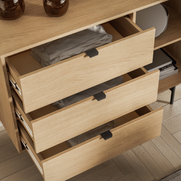 Nowoczesna Komoda do Salonu Sypialni Loft Skandynawski Dąb Mavelie Czarne Nóżki REYNOS 04