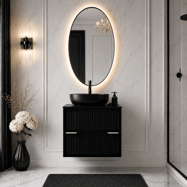 Szafka Wisząca Ryflowana Łazienkowa Elegancka Nowoczesna Zestaw pod Umywalkę do Łazienki 120 cm z Blatem Czarny STYLE