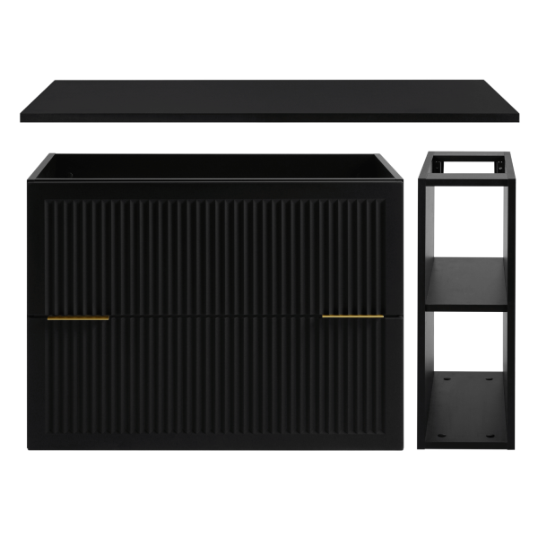 Nowoczesna Ryflowana Szafka 100 cm z Blatem i Regałem Łazienkowa Wisząca pod Umywalkę do Łazienki Elegancka Czarna STYLE