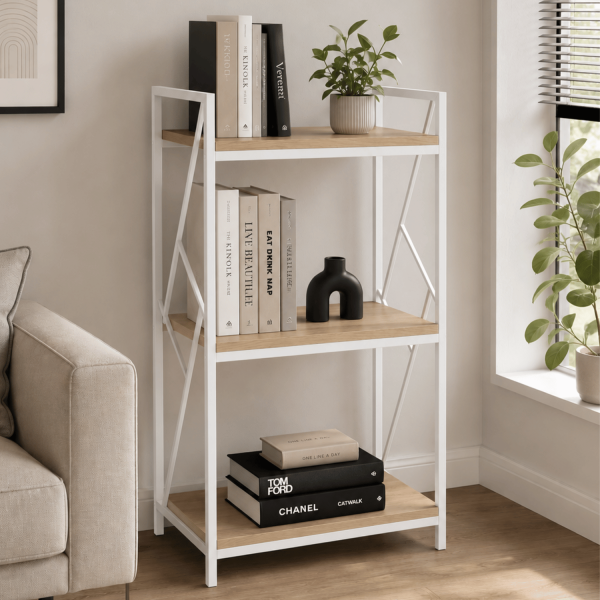 Nowoczesny Regał Z Półkami Na Książki Metalowy Stojący Do Salonu Loft Biały Dąb Naturalny BERN