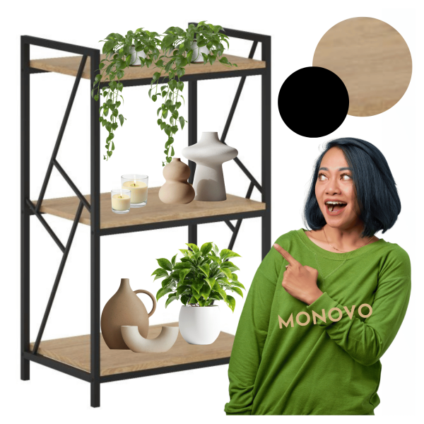Metalowy Regał Z Półkami Na Książki Stojący Nowoczesny Do Salonu Loft Czarny Dąb Naturalny BERN