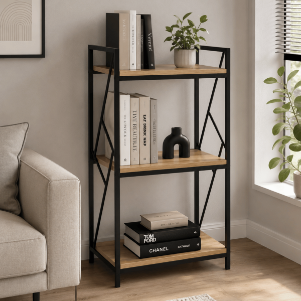 Metalowy Regał Z Półkami Na Książki Stojący Nowoczesny Do Salonu Loft Czarny Dąb Naturalny BERN
