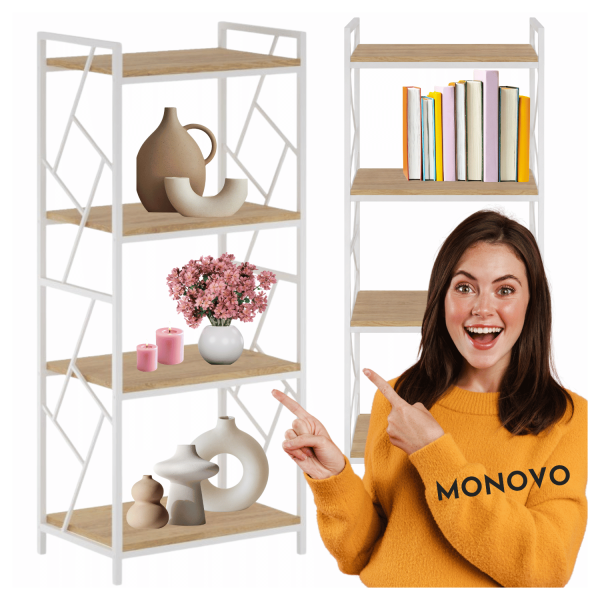 Wysoki Metalowy Regał Do Salonu Na Książki Loft Stojący Nowoczesny Biały Z Półkami Dąb Naturalny LINZ
