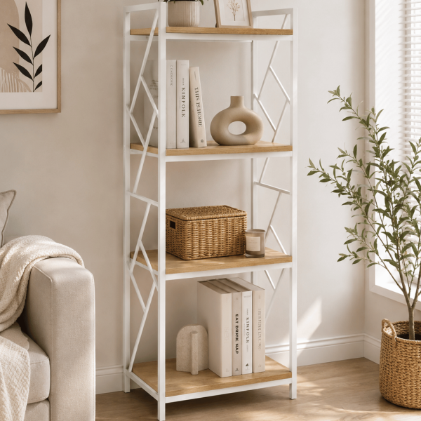 Wysoki Metalowy Regał Do Salonu Na Książki Loft Stojący Nowoczesny Biały Z Półkami Dąb Naturalny LINZ