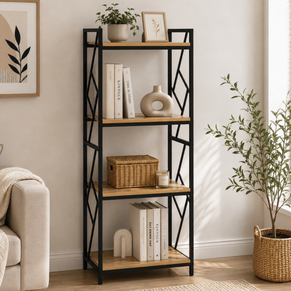 Czarny Nowoczesny Wysoki Metalowy Regał Do Salonu Na Książki Loft Stojący Z Półkami Dąb Naturalny LINZ